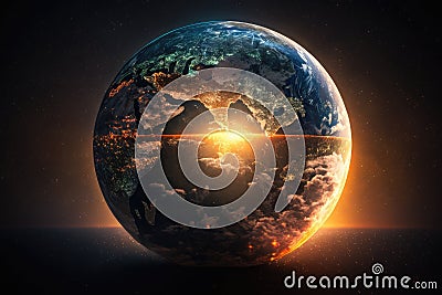 a sunrise over a globe, with the sun rising from behind the earth and illuminating it. Stock Photo