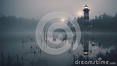 sunrise over the lake A lighthouse in a haunted swamp, where ghostly figures and eerie sounds lurk in the fog. Stock Photo