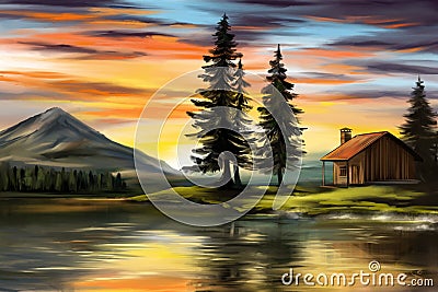 sunrise over the lake, summer landscape, house in the forest, digital art illustration painted with watercolors Cartoon Illustration