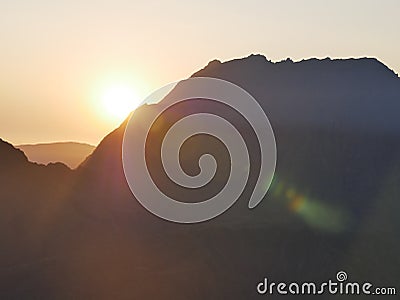 the sunrise over Mafate cirque from Maido viewpoint in Reunion Stock Photo