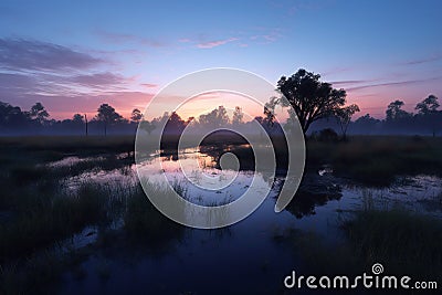 Sunrise over the misty marshland in the morning, Australia Cartoon Illustration