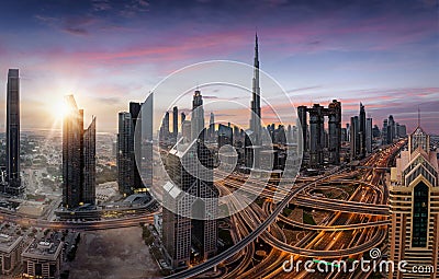 Sunrise over the modern Skyline of Dubai, UAE Stock Photo