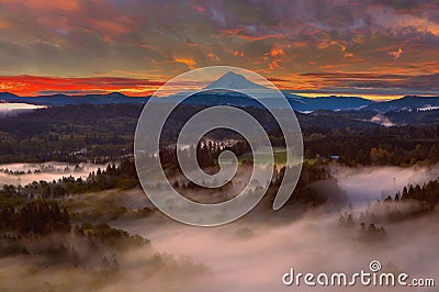 Sunrise over Mount Hood and Sandy River Valley Stock Photo