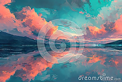 sunrise over a mountain lake with pink and orange clouds reflecting in the still, turquoise water Stock Photo