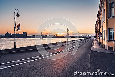 Sunrise over Neva river on Palace embankment. Early morning in Saint-Petersburg. Russia Stock Photo
