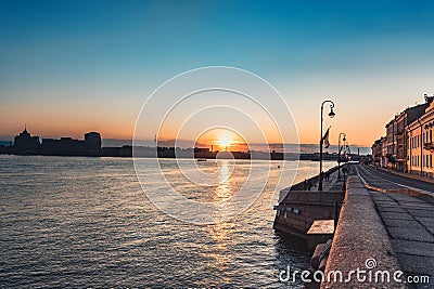 Sunrise over Neva river on Palace embankment. Early morning in Saint-Petersburg. Russia Stock Photo