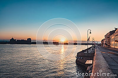 Sunrise over Neva river on Palace embankment. Early morning in Saint-Petersburg. Russia Stock Photo