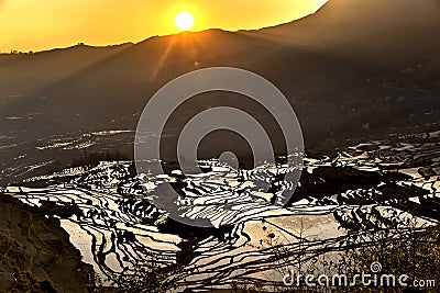 Sunrise over the rice terrace in Yuanyang, Yunnan, China Stock Photo