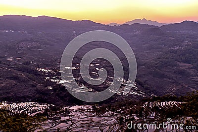 Sunrise over the rice terrace in Yuanyang, Yunnan, China Stock Photo