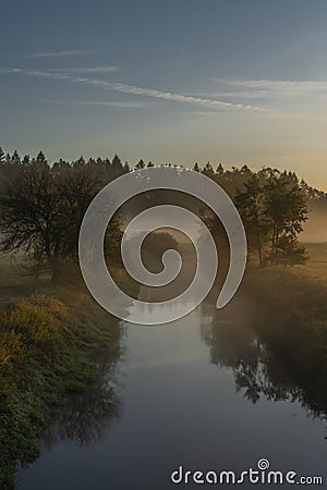 Sunrise over river Blanice in south Bohemia in autumn nice morning Stock Photo