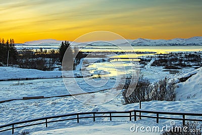 Sunrise over the Silfra Rift in Iceland Stock Photo