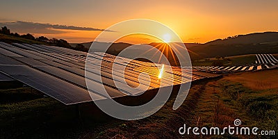 Sunrise over a solar farm: clean energy landscape. sustainable power production. renewable energy concept. . AI Stock Photo