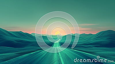 Sunrise Over Surreal Teal Dunes: Ethereal Desert Road Leading into the Sun Stock Photo