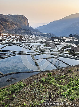 Sunrise over YuanYang rice terraces in Yunnan, China, one of the latest UNESCO World Heritage Sites Stock Photo