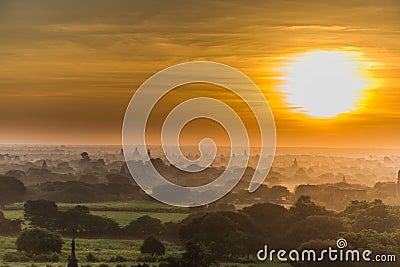 Sunrise and pagodas, Bagan, Myanmar Stock Photo