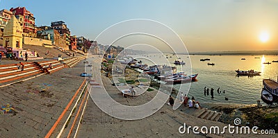 Sunrise panarama view of Ganges river with boats from Manasarovar Ghat in Viranasi. India Editorial Stock Photo