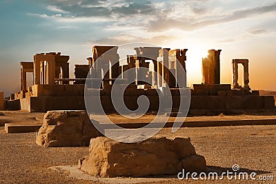 Sunrise in Persepolis, capital of the ancient Achaemenid kingdom. Ancient columns. Sight of Iran. Ancient Persia. Stock Photo