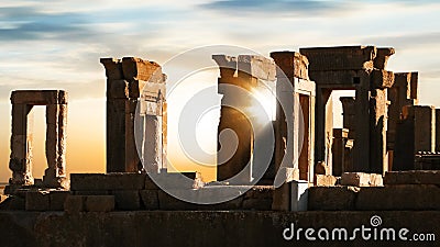 Sunrise in Persepolis. Iran. Ancient Persia. Sunrise and sunset background. Stock Photo