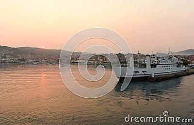 Sunrise in port of Vela Luka on island Korcula, Croatia. Editorial Stock Photo