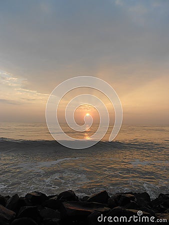 Sunrise in Puducherry, a quiet little town on the southern coast of India. Stock Photo