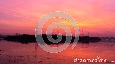 Sunrise on a river bank Stock Photo