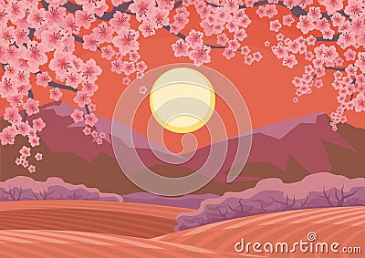Sunrise and Sakura Vector Illustration
