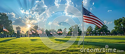 Sunrise Salute: American Flags Honor Veterans. Concept Salute to Service, American Flags, Veterans Stock Photo