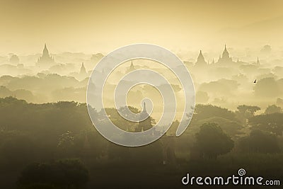 Sunrise scene pagoda ancient city field in Bagan Myanmar.High image quality Stock Photo
