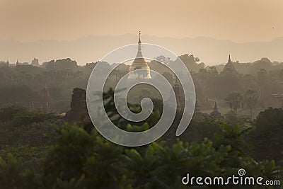 Sunrise scene pagoda ancient city field in Bagan Myanmar.High image quality Stock Photo