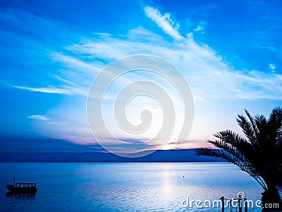 Sunrise on the Sea of Galilee at Lake Tiberius Stock Photo