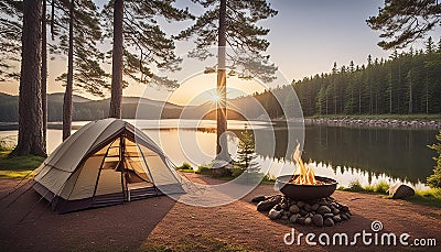 Sunrise by a serene lake with a tent, signaling a peaceful camping morning Stock Photo