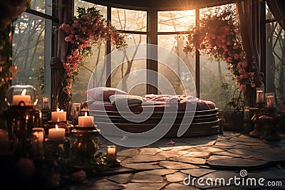 Sunrise Serenity: A Cozy Bed Amidst Blooming Flowers Stock Photo