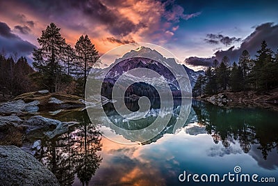 Sunrise Serenity: A Mountain Landscape Reflecting in a Peaceful Lake, ai generative Stock Photo