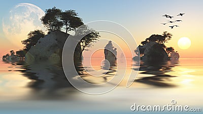 Sunrise or set with moon and rocky islets Stock Photo