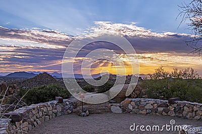 Sunrise with Sun Rays From Hiking Trail In North Scottsdale, Arizona Stock Photo