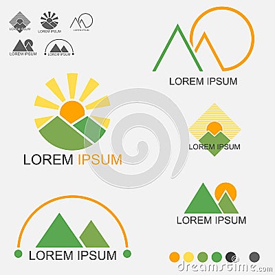 Sunrise And Sunset Behind Both Mountains Logo Set Vector Illustration