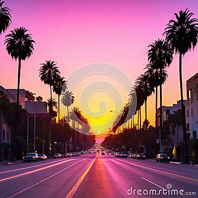 Sunrise at sunset boulevard with pink sky and the palm tree lined Cartoon Illustration