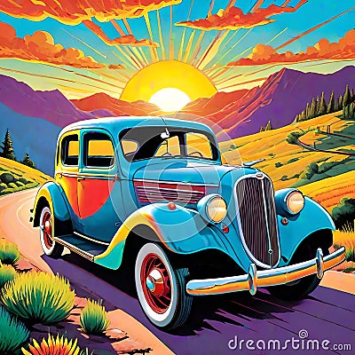 Sunrise sunset country road automobile touring car drive Cartoon Illustration