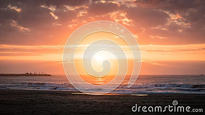 Dramatic sunrise by the beach at the Mediterranean Sea in Cullera, Valencia Stock Photo