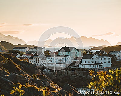 Sunrise and Sunset at Henningsvaer, fishing village located on several small islands in the Lofoten archipelago, Norway Editorial Stock Photo