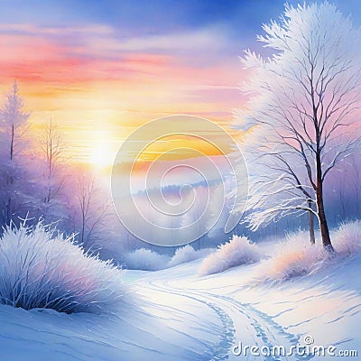 sunrise in the sunset in the watercolor pastel snowy winter greeting Cartoon Illustration