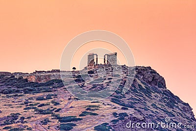 The sunrise at the temple of Poseidon in Sounio, Greece Stock Photo