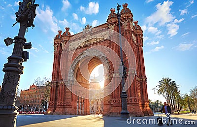 Sunrise at Triumphal Arch in Barcelona, Catalonia, Spain. Editorial Stock Photo