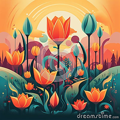 Sunrise Tulip Garden Stock Photo