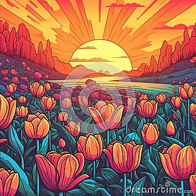 Sunrise Tulip Garden A Vibrant Graphic Design Cartoon Illustration