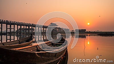 Sunrise at U bein bridge Amarapura, Mandalay, Myanmar. Stock Photo