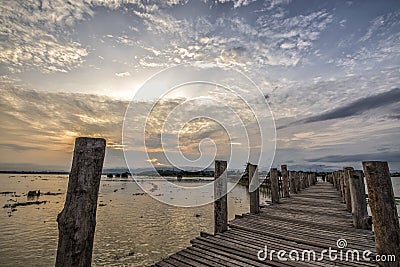 Sunrise at U Bein Bridge in Mandalay, Maynmar Stock Photo