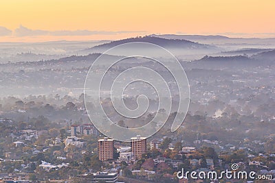 Sunrise View of the Brisbane City from Mount Coot-tha. Stock Photo
