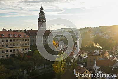 Sunrise view of Cesky Krumlov Town in autumn from the castal, Czech Republic Stock Photo