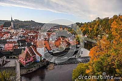 Sunrise view of Cesky Krumlov Town in autumn from the castal, Czech Republic Stock Photo